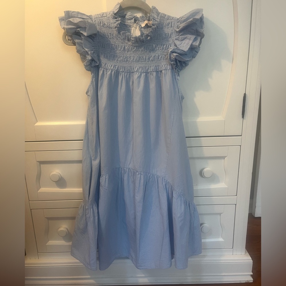 Love the Label Poppy smocked mini dress in blue and white pinstripes